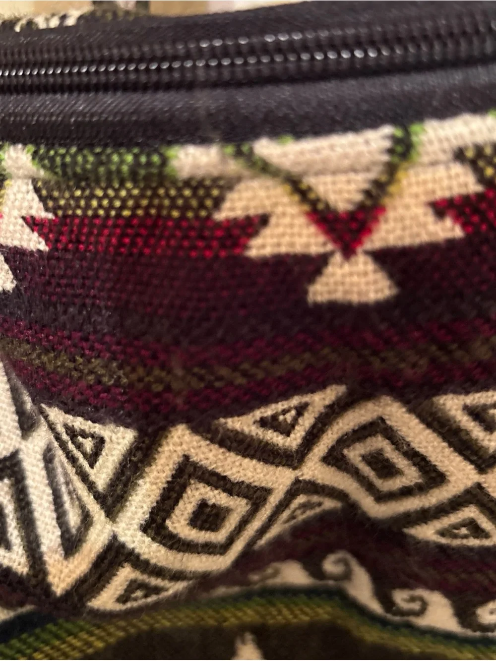 Indigenous Tribal Print Duffel Bag - Black, Cream & Burgundy with animal/lamas.